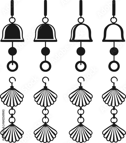 earring, jewelry, fashion, accessory, bohemian, boho, dangle, pendant, bell, seashell, style, women, handmade, icon, set, vector