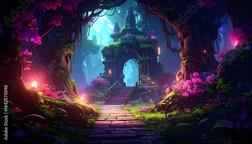 A secret stone gateway bathed in magical neon light, hidden deep within an ancient, enchanted fairy tale forest