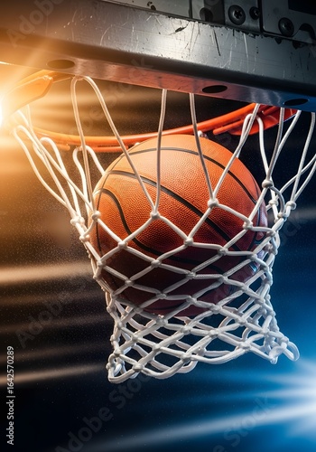 Wallpaper Mural A basketball going through the hoop and net, with bright light flares illuminating the scene. Torontodigital.ca