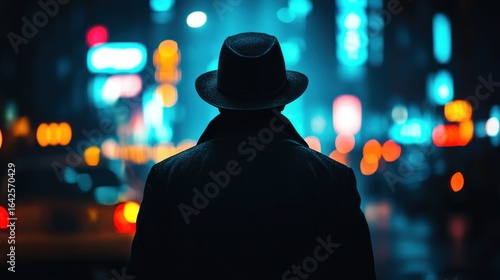 Silhouette of man in hat, city lights