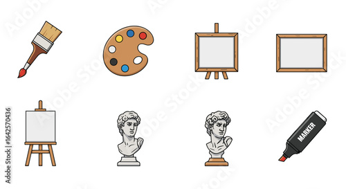Illustration showing art supplies including paint brush palette canvas easel busts and a marker in cartoon style