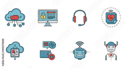 Illustration showcasing diverse tech icons including cloud computing, robots, and medical technology items