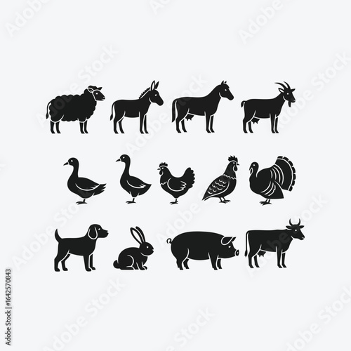 Illustration of collection of farm animals and pets in silhouette