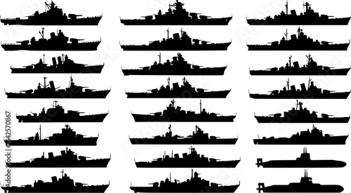 Warship navy silhouettes set, large pack of vector silhouette design, isolated white background.	