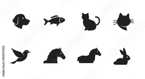 Collection of animal silhouettes including a dog, fish, cats, bird, horses, and a rabbit in black color