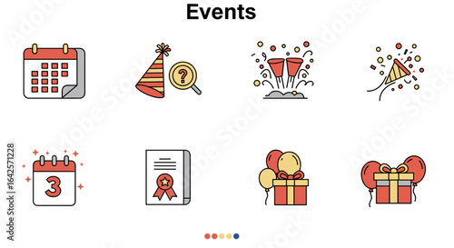 Illustration of events icons including calendar, party hat, champagne, confetti, certificate and gifts