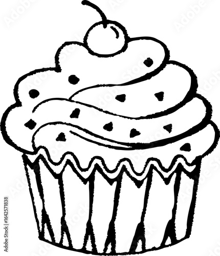Simple black and white illustration of cupcake with swirled frosting, topped with cherry and sprinkles, evokes sense of sweetness and delight