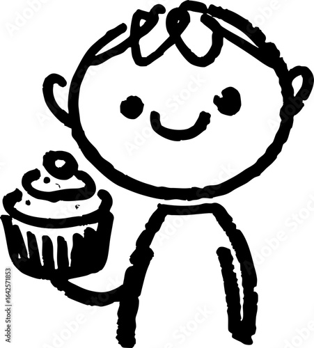 Simple, cheerful stick figure drawing of person holding cupcake with swirl of frosting. illustration is playful and childlike, conveying sense of joy and celebration