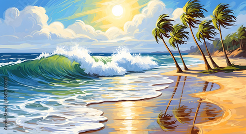 Sunny Tropical Beach with Palm Trees, Waves and Reflection Illustration