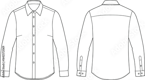 Flat vector CAD drawing of classic men’s formal shirt, long sleeve, front buttons, cuff detail, collar design, and back yoke