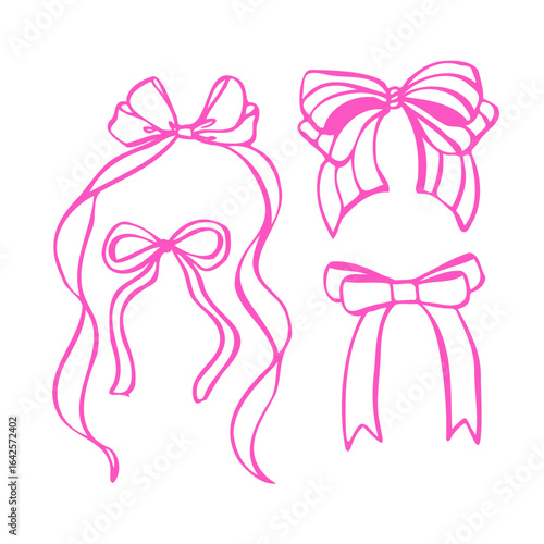 Pink bows outline clipart set in EPS format. Elegant ribbon bow line art for invitations, scrapbooking, packaging, branding, greeting cards, digital design, and DIY craft projects