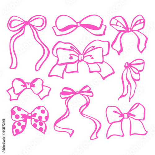 Pink bows outline clipart set in EPS format. Elegant ribbon bow line art for invitations, scrapbooking, packaging, branding, greeting cards, digital design, and DIY craft projects