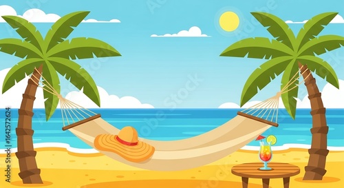 Fototapeta Naklejka Na Ścianę i Meble -  A beach scene with hammock between palm trees, sun, hat and cocktail. Concept for summer vacation, tropical getaway and relaxation retreat