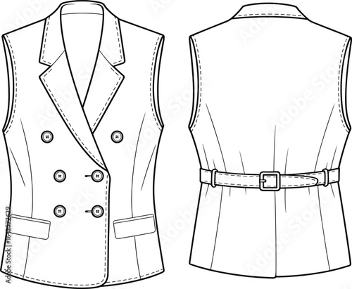 Flat sketch of tailored sleeveless vest with lapel collar, double-breasted buttons, back belt detail, CAD drawing vector fashion illustration