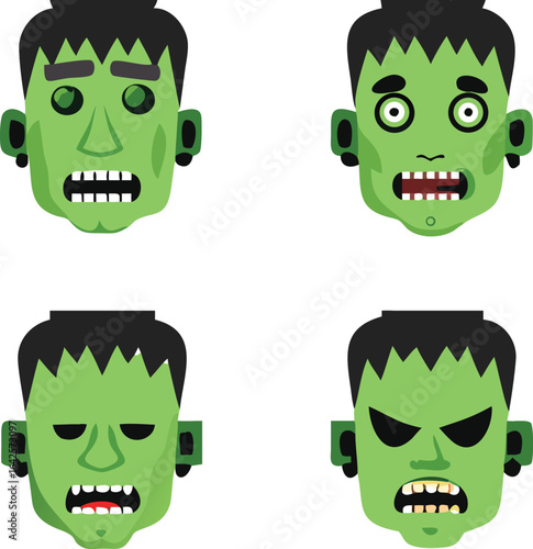 Four green frankenstein monster faces with different expressions halloween