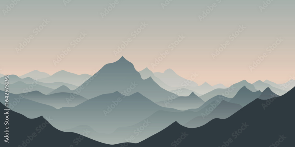 Fototapeta premium Sunrise in the mountains, ridges in the morning light, minimalistic landscape, vector illustration