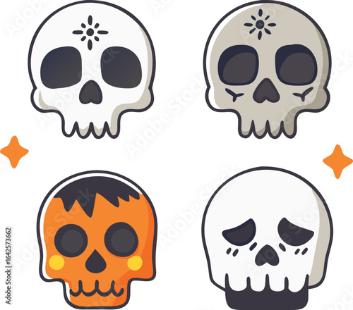 Four Halloween Skulls With Decorative Elements icons symbols