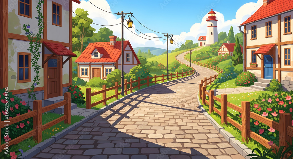 Fototapeta premium Quaint Village Street with Red Roofs and Distant Lighthouse