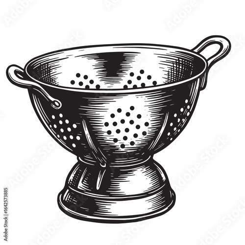 Vintage kitchen colander illustration in engraving style perfect for culinary and food related projects