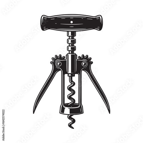 Vintage style black and white illustration of a classic wine corkscrew on a white background