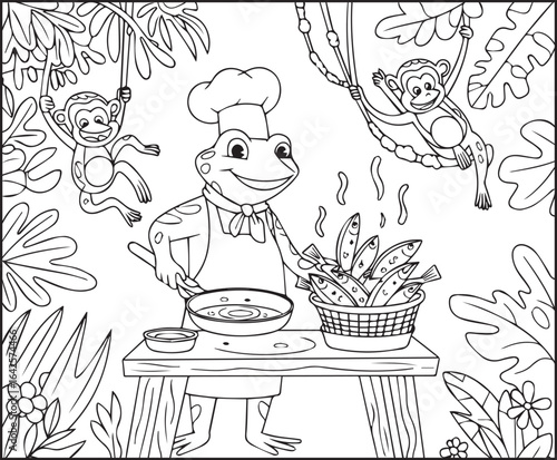 Chef frog cooking food in the jungle coloring page for kids, black line art vector illustration for children's activity book design