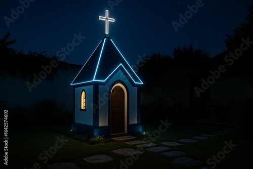Pyramid-Shaped Backyard Chapel with Neon Glow — White and Deep-Blue Mini Catholic Shrine with Cross, Night Exterior, 4K Photo