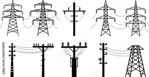 Electric power transmission towers and utility poles, black silhouette vector set, high voltage lines, electricity distribution grid illustration
