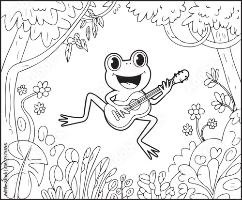 Cute frog enjoying with guitar in nature coloring page for kids, black line art vector illustration for children's activity book design