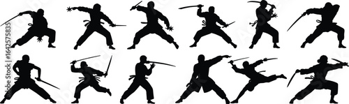 Dynamic Ninja Warrior Silhouettes Collection: Martial Arts Fighters in Action Poses, Ancient Japanese Combat, Stealthy Assassins, Kung Fu Training, Self Defense, Discipline, Asian Culture, Vector
