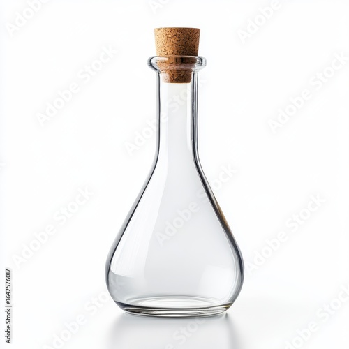 Empty glass bottle with cork stopper isolated on white background.