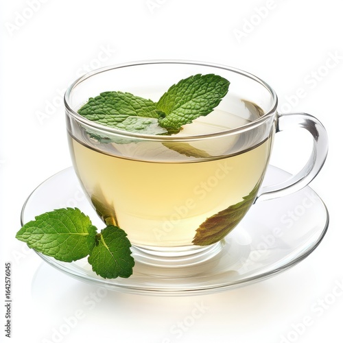 Clear cup of herbal tea with fresh mint leaves isolated on white background.