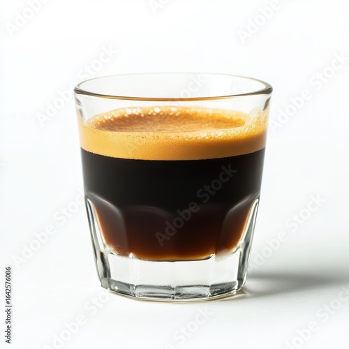 Shot of espresso in a glass cup, close up, isolated on white background.