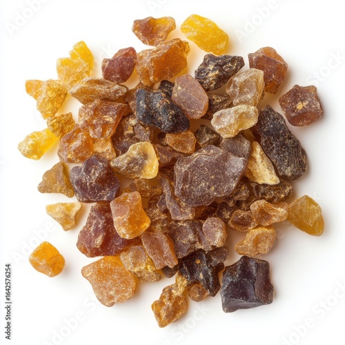 Pile of colorful frankincense resin pieces, aromatic substance isolated on white background.