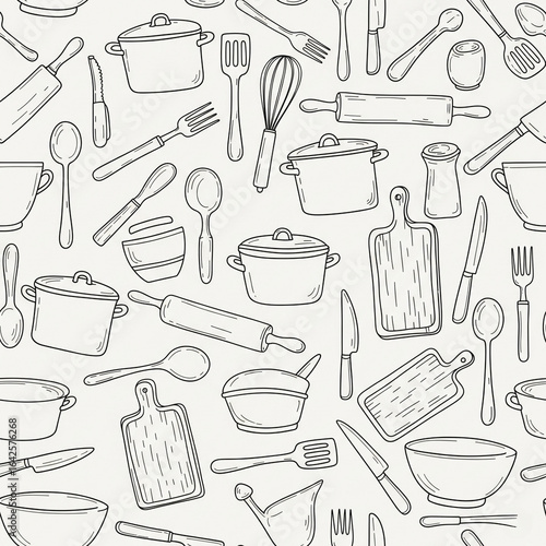 Vector pattern of kitchen utensils, seamless background, doodle style