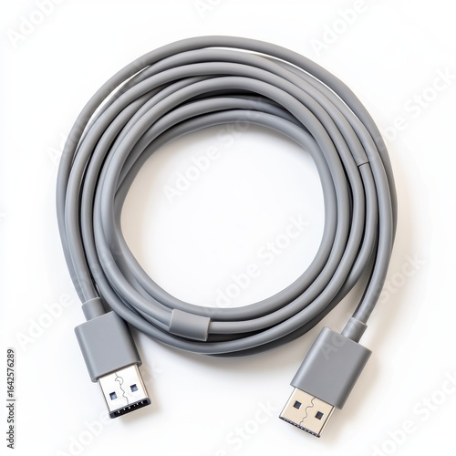 Coiled gray usb cable with connectors, studio shot isolated on white background.