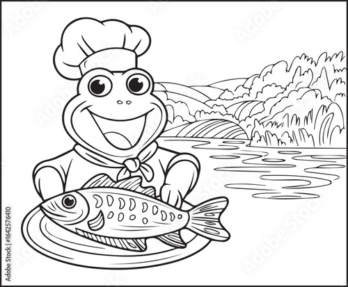 Chef frog making fried fish in natural scenery coloring page for kids, black line art vector illustration for children's activity book design