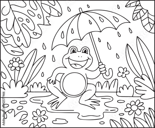 Cute frog enjoying rainy day with umbrella coloring page for kids, black line art vector illustration for children's activity book design