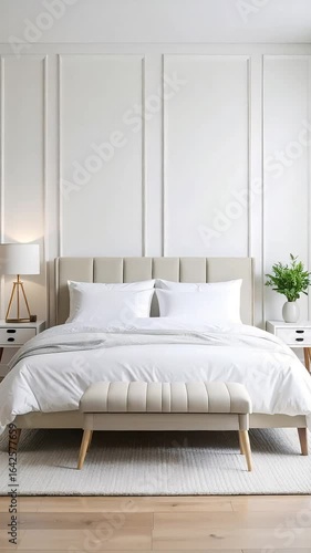 Empty modern bedroom interior with white bed and decorative paneling