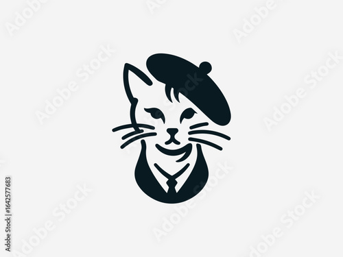 Stylish French beret wearing cat vector logo illustration with elegant artistic flair