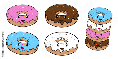 This adorable kawaii donut set is decorated with colorful frosting and a cheerful smiley face. Perfect for making stickers, t-shirt designs, greeting cards, digital art, food art, and more.
