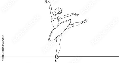 Elegant ballerina line art illustration performing arabesque pose, classical ballet dancer sketch, minimal design, artistic outline drawing, grace, beauty, dance movement captured