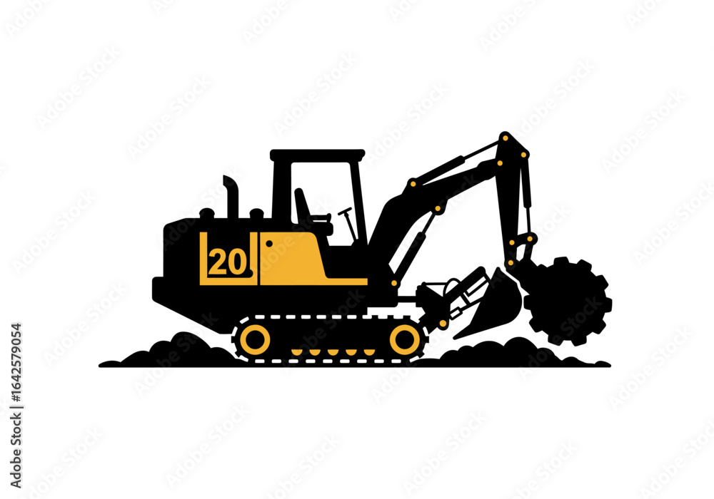 Black and Yellow Excavator with Number 20 on Side Heavy Machinery. Black and Yellow Excavator with Number 20 on Side Heavy Machinery.