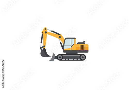 Cartoon Style Yellow and Gray Excavator with Bucket and Tracks.