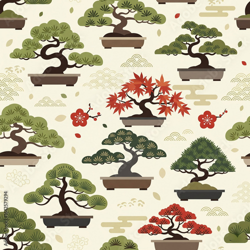 Pattern of stylized bonsai trees in flat vector style, Japanese theme