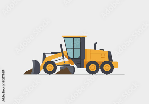 Yellow Motor Grader with Blade and Wheels Construction Vehicle.