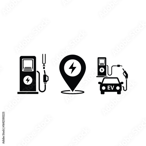 Illustration of electric vehicle charging station icons isolated on white background