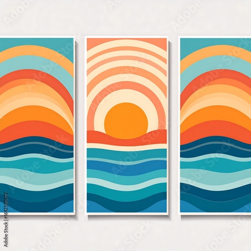 Three abstract sunset/sunrise over water panels