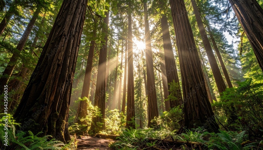 Naklejka premium Ethereal Sunbeams Pierce the Canopy of Towering Redwood Giants