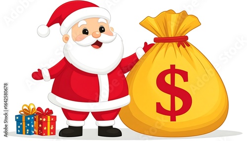 Cartoon santa claus with money bag