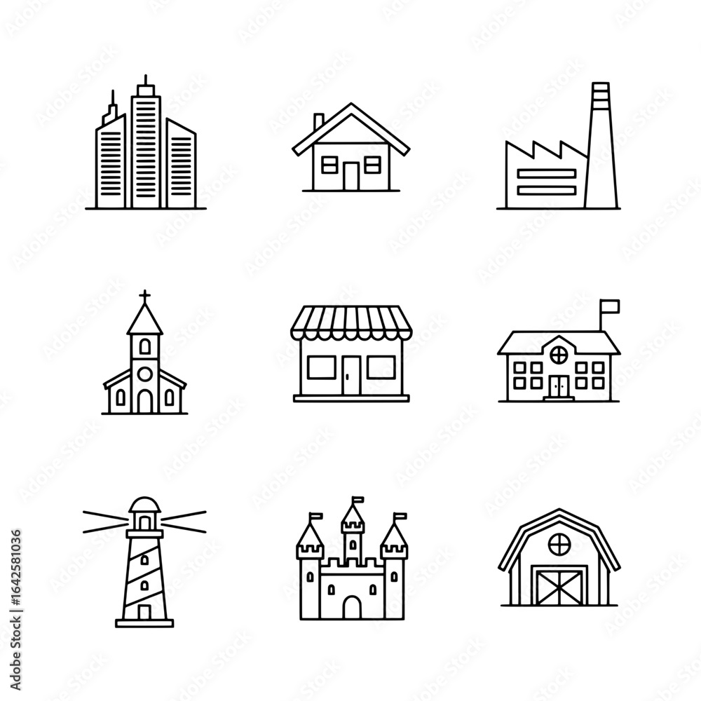 Fototapeta premium Black Stroke Vector of Urban and Civic Structures Arranged in Grid Composition